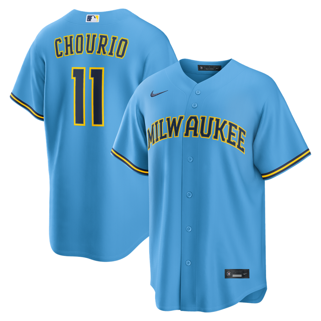Jackson Chourio Milwaukee Brewers Nike Road Replica Jersey - Light Blue Official MLB Team Apparel Baseball Fan Gear