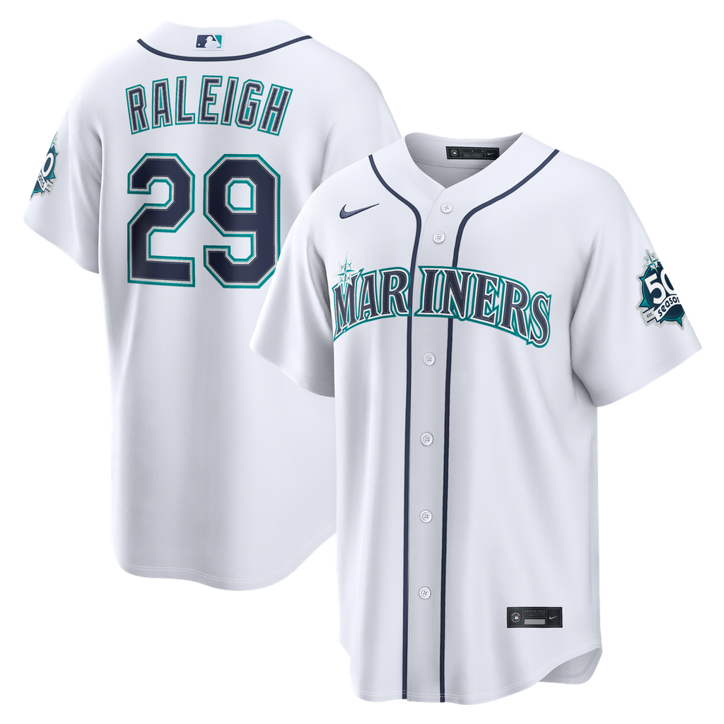 Cal Raleigh Seattle Mariners Nike Home Stadium 50th Season Patch Jersey - White Official MLB Team Apparel Baseball Fan Gear