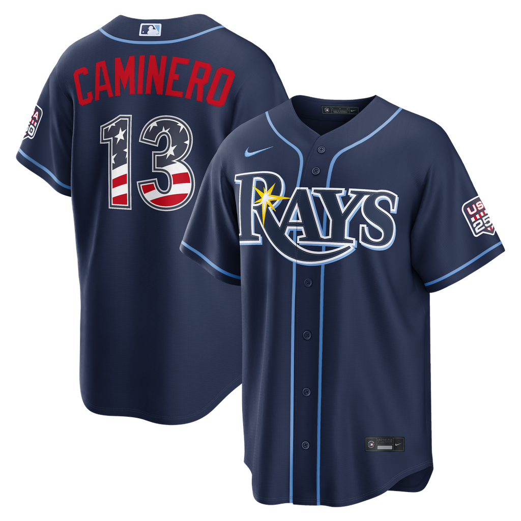 Junior Caminero Tampa Bay Rays Nike USA 250 Fourth of July Road Stadium Jersey - Navy Official MLB Team Apparel Baseball Fan Gear
