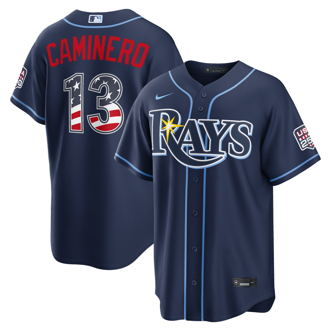Junior Caminero Tampa Bay Rays Nike USA 250 Fourth of July Road Stadium Jersey - Navy Official MLB Team Apparel Baseball Fan Gear