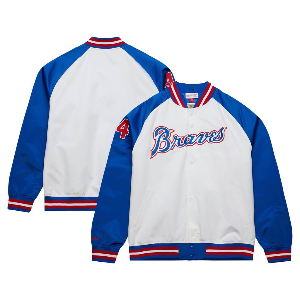 Hank Aaron Atlanta Braves Mitchell & Ness Cooperstown Collection Legends Lightweight Satin Raglan Full-Snap Jacket - White/Royal Official MLB Team App