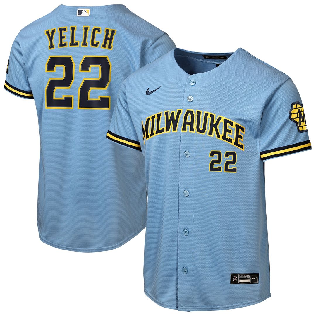 Christian Yelich Milwaukee Brewers Nike Youth Road Stadium Jersey - Powder Blue Official MLB Team Apparel Baseball Fan Gear