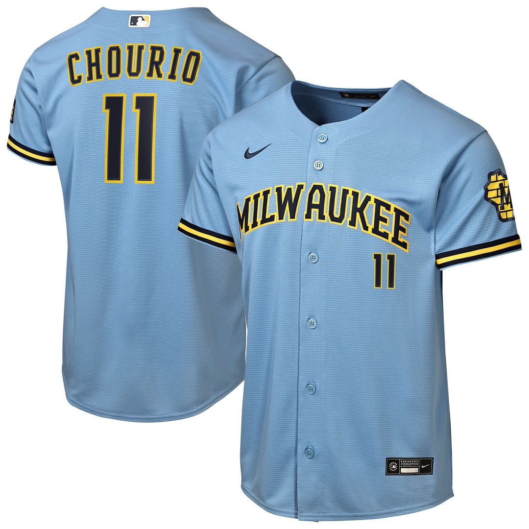 Jackson Chourio Milwaukee Brewers Nike Youth Road Stadium Jersey - Powder Blue Official MLB Team Apparel Baseball Fan Gear