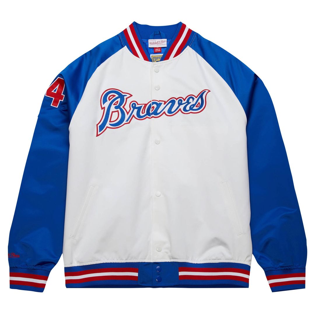 Hank Aaron Atlanta Braves Mitchell & Ness Cooperstown Collection Legends Lightweight Satin Raglan Full-Snap Jacket - White/Royal Official MLB Team App