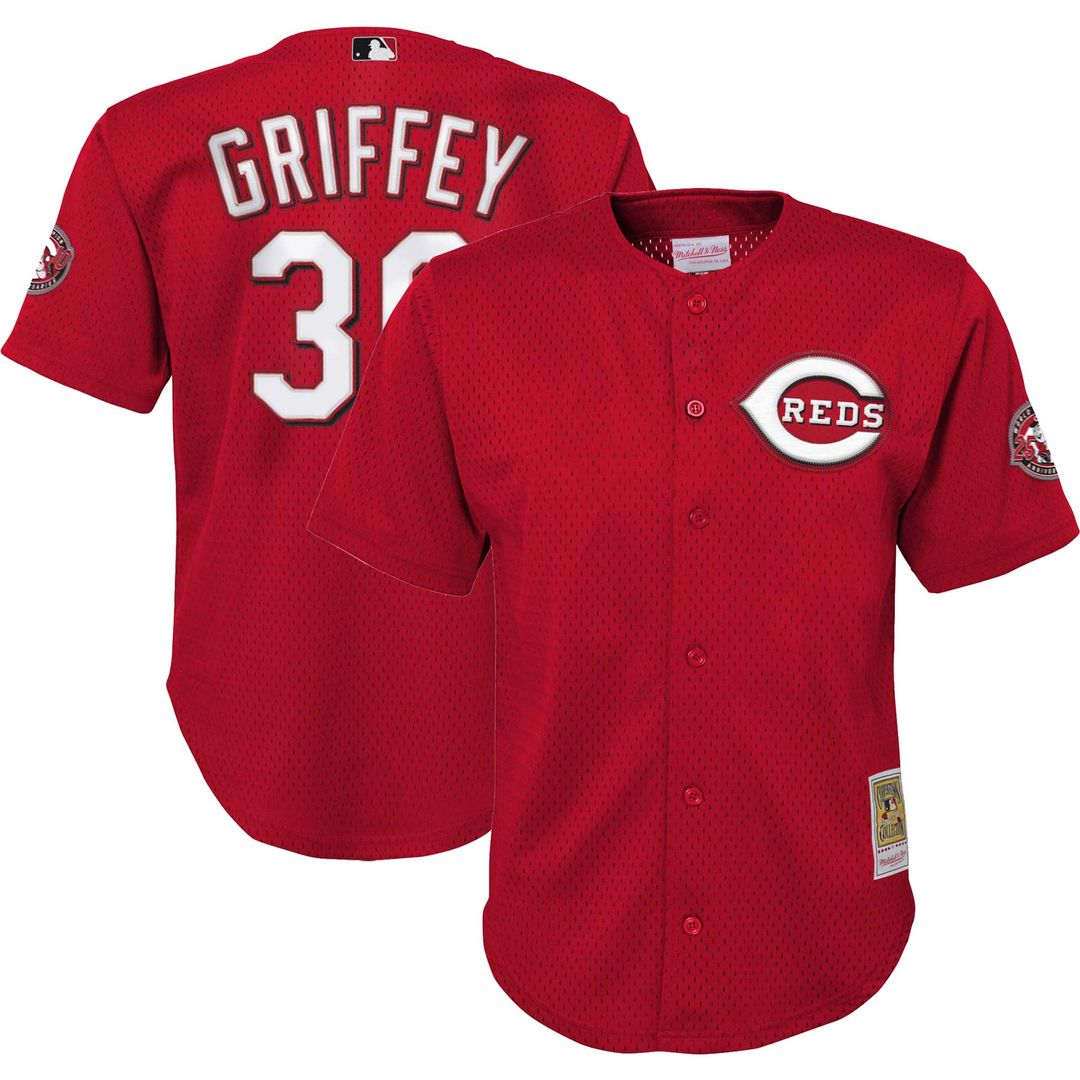 Ken Griffey Jr. Cincinnati Reds Mitchell & Ness Youth Cooperstown Collection Mesh Batting Practice Jersey - Red Official MLB Team Apparel Baseball Fan