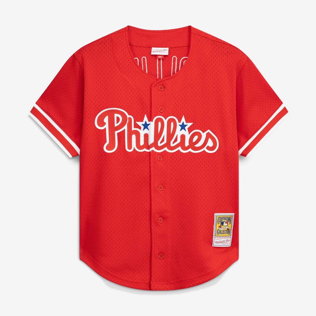 Jimmy Rollins Philadelphia Phillies Mitchell & Ness Cooperstown Mesh Batting Practice Button-Up Jersey - Red Official MLB Team Apparel Baseball Fan Ge