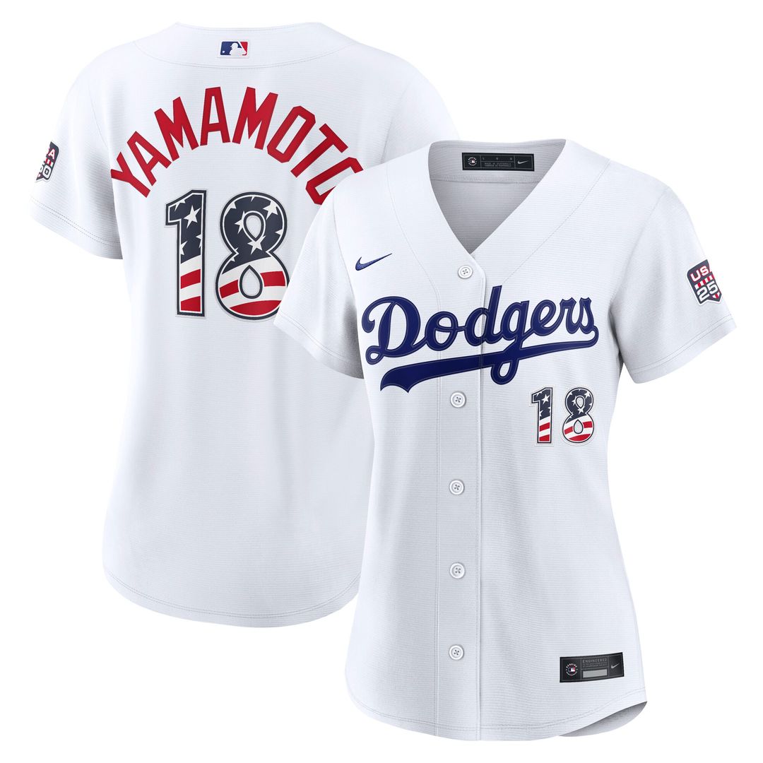 Yoshinobu Yamamoto Los Angeles Dodgers Nike Women's USA 250 Fourth of July Home Stadium Jersey - White Official MLB Team Apparel Baseball Fan Gear