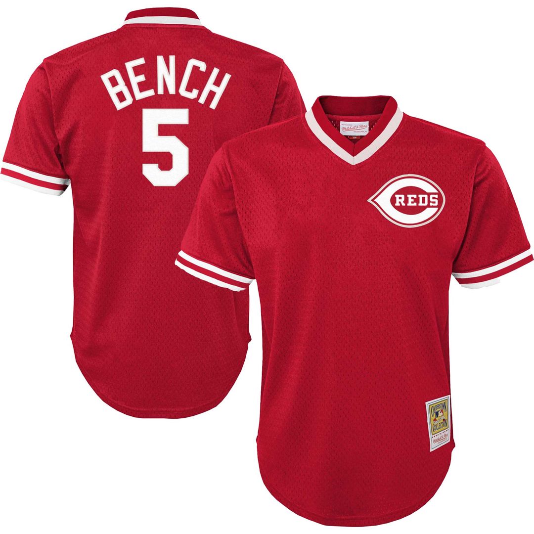 Johnny Bench Cincinnati Reds Mitchell & Ness Youth Cooperstown Collection Mesh Batting Practice Jersey - Red Official MLB Team Apparel Baseball Fan Ge