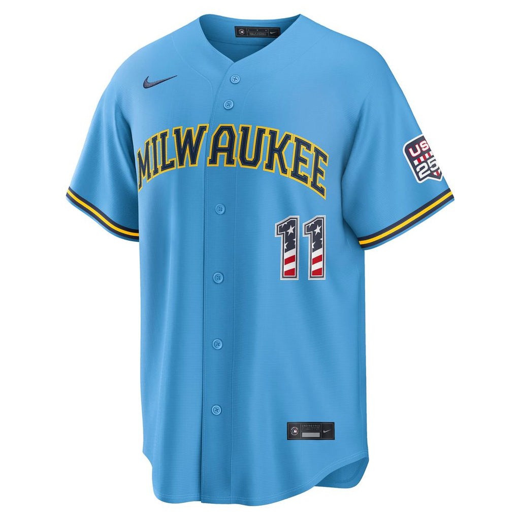 Jackson Chourio Milwaukee Brewers Nike USA 250 Fourth of July Road Stadium Jersey - Light Blue Official MLB Team Apparel Baseball Fan Gear