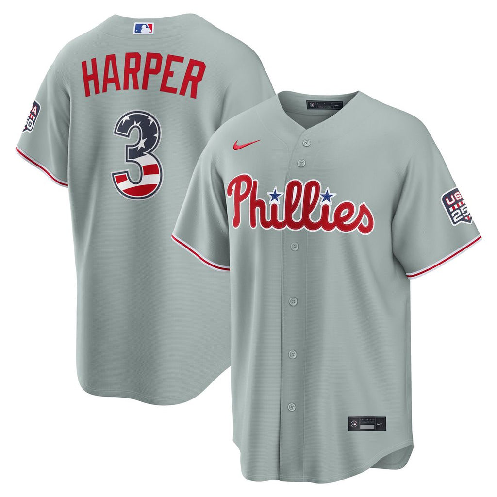 Bryce Harper Philadelphia Phillies Nike USA 250 Fourth of July Road Stadium Jersey - Gray Official MLB Team Apparel Baseball Fan Gear