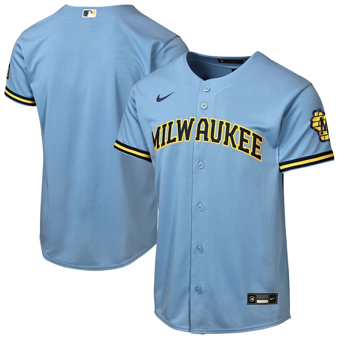 Milwaukee Brewers Nike Youth Road Stadium Jersey - Powder Blue Official MLB Team Apparel Baseball Fan Gear