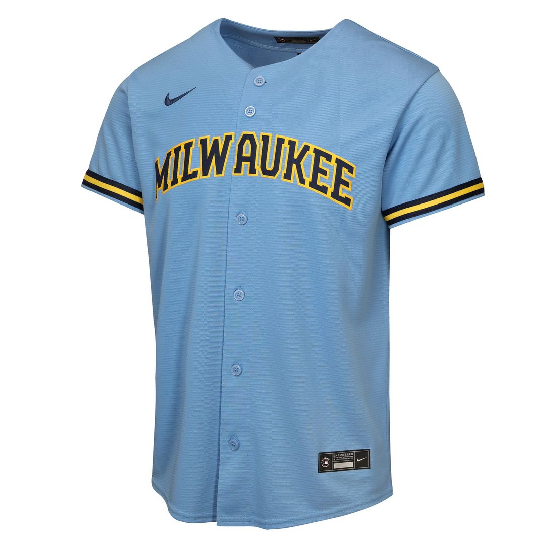 Jackson Chourio Milwaukee Brewers Nike Youth Road Replica Jersey - Light Blue Official MLB Team Apparel Baseball Fan Gear