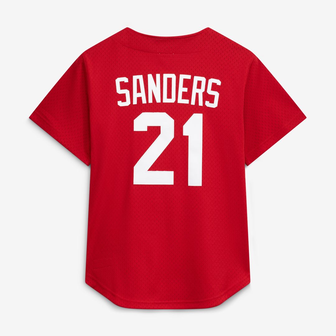Deion Sanders Cincinnati Reds Mitchell & Ness Cooperstown Mesh Batting Practice Button-Up Jersey - Red Official MLB Team Apparel Baseball Fan Gear