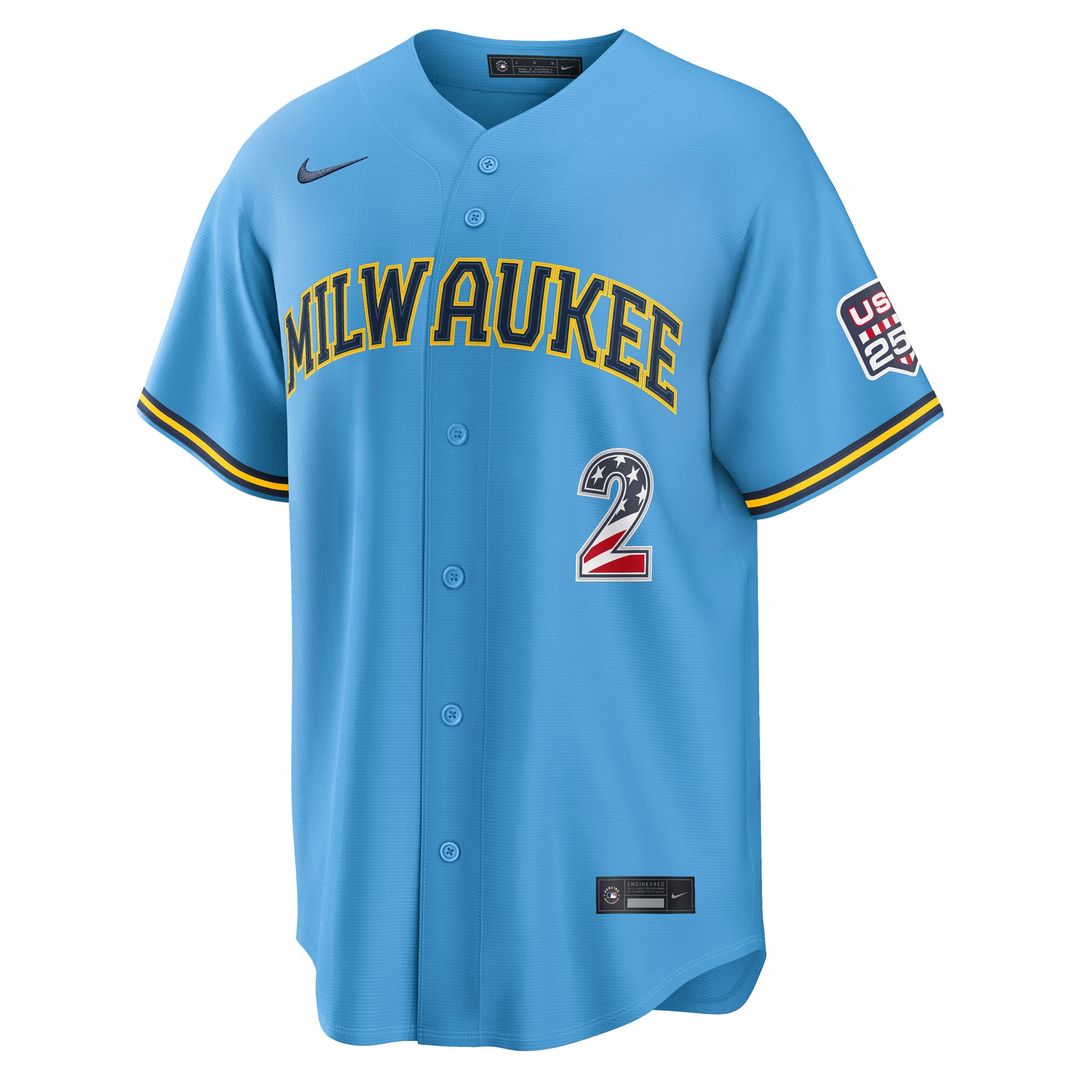 Brice Turang Milwaukee Brewers Nike USA 250 Fourth of July Road Stadium Jersey - Light Blue Official MLB Team Apparel Baseball Fan Gear