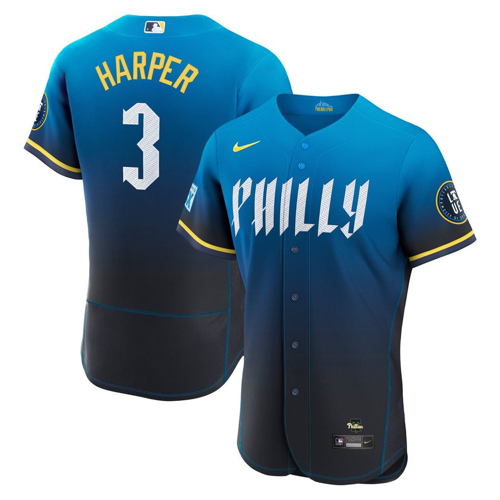 Bryce Harper Philadelphia Phillies Nike City Connect Authentic Sponsor Patch Jersey - Blue Official MLB Team Apparel Baseball Fan Gear