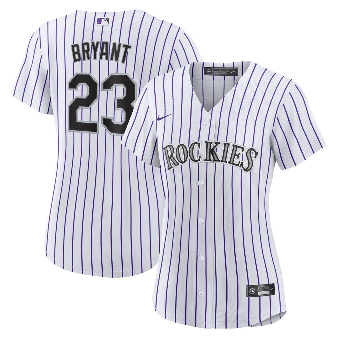 Kris Bryant Colorado Rockies Nike Women's Replica Player Jersey - White/Purple Official MLB Team Apparel Baseball Fan Gear