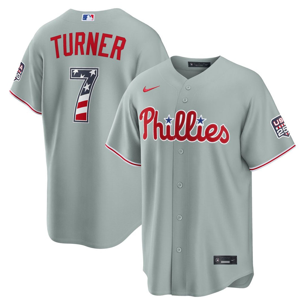Trea Turner Philadelphia Phillies Nike USA 250 Fourth of July Road Stadium Jersey - Gray Official MLB Team Apparel Baseball Fan Gear