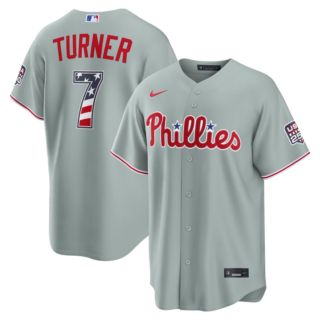 Trea Turner Philadelphia Phillies Nike USA 250 Fourth of July Road Stadium Jersey - Gray Official MLB Team Apparel Baseball Fan Gear