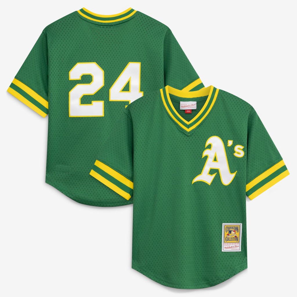 Rickey Henderson Athletics Mitchell & Ness Youth Cooperstown Collection Mesh Batting Practice Jersey - Green Official MLB Team Apparel Baseball Fan Ge