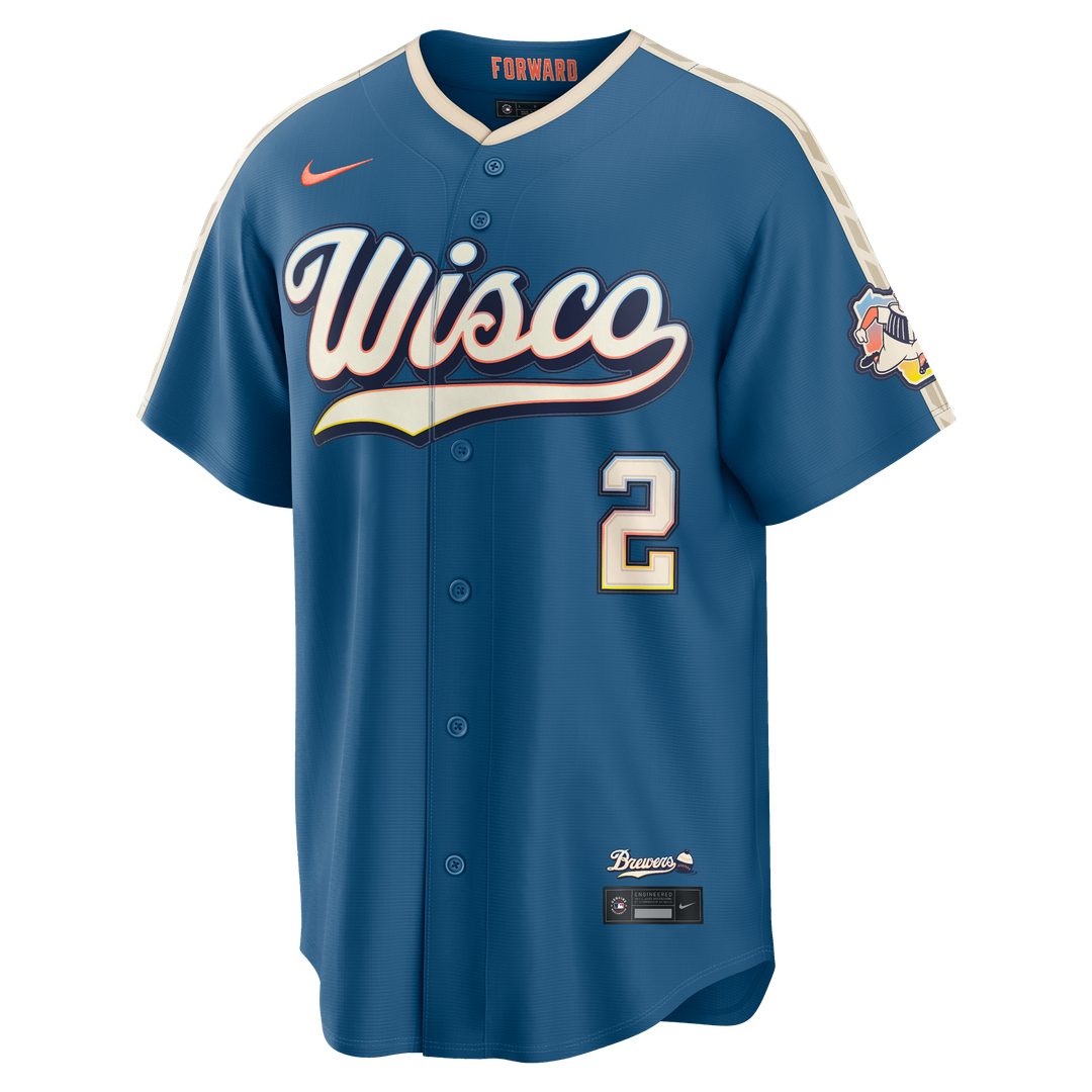 Brice Turang Milwaukee Brewers Nike 2026 City Connect Stadium Jersey - Mineral Blue Official MLB Team Apparel Baseball Fan Gear