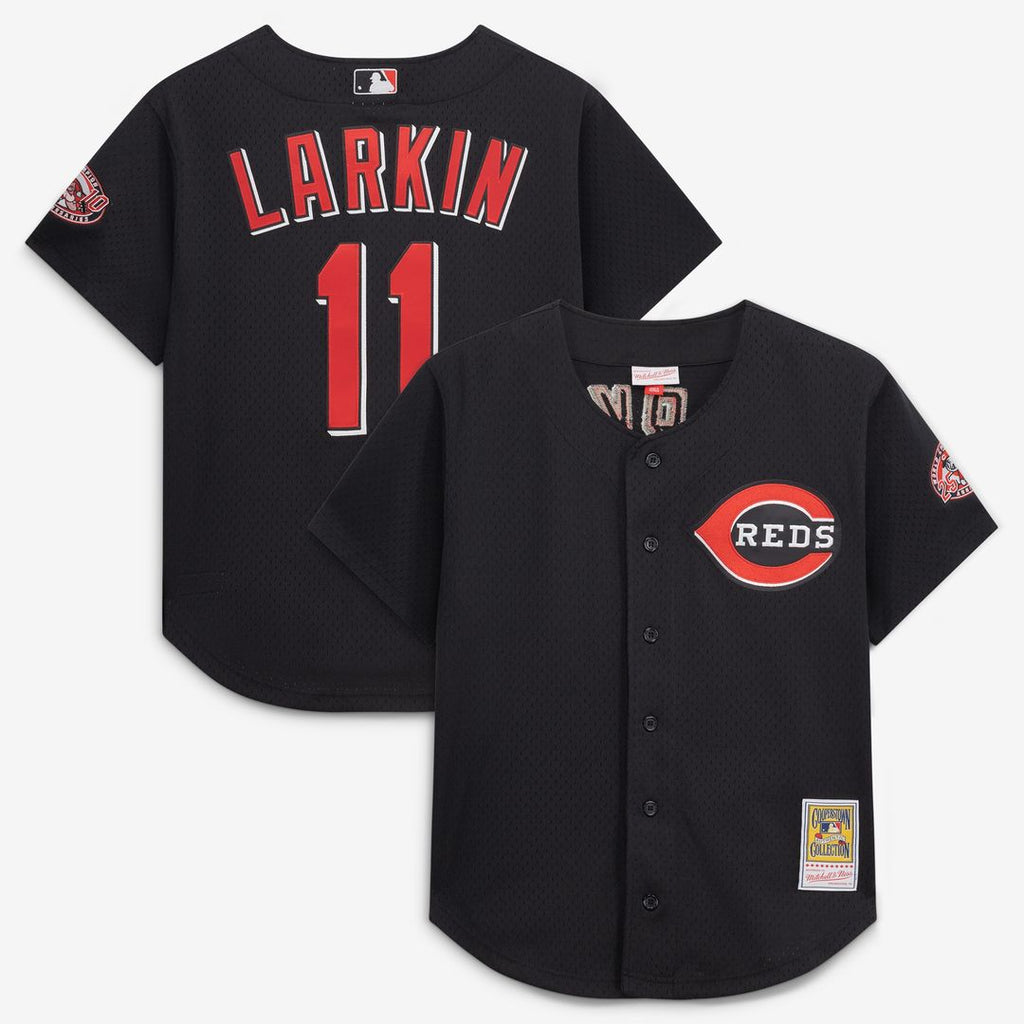 Barry Larkin Cincinnati Reds Mitchell & Ness Cooperstown Collection Mesh Batting Practice Button-Up Jersey - Black Official MLB Team Apparel Baseball