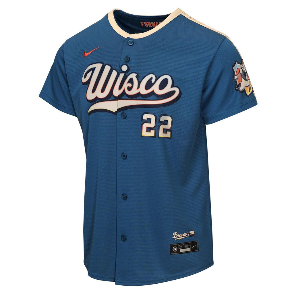 Christian Yelich Milwaukee Brewers Nike Youth 2026 City Connect Stadium Jersey - Mineral Blue Official MLB Team Apparel Baseball Fan Gear