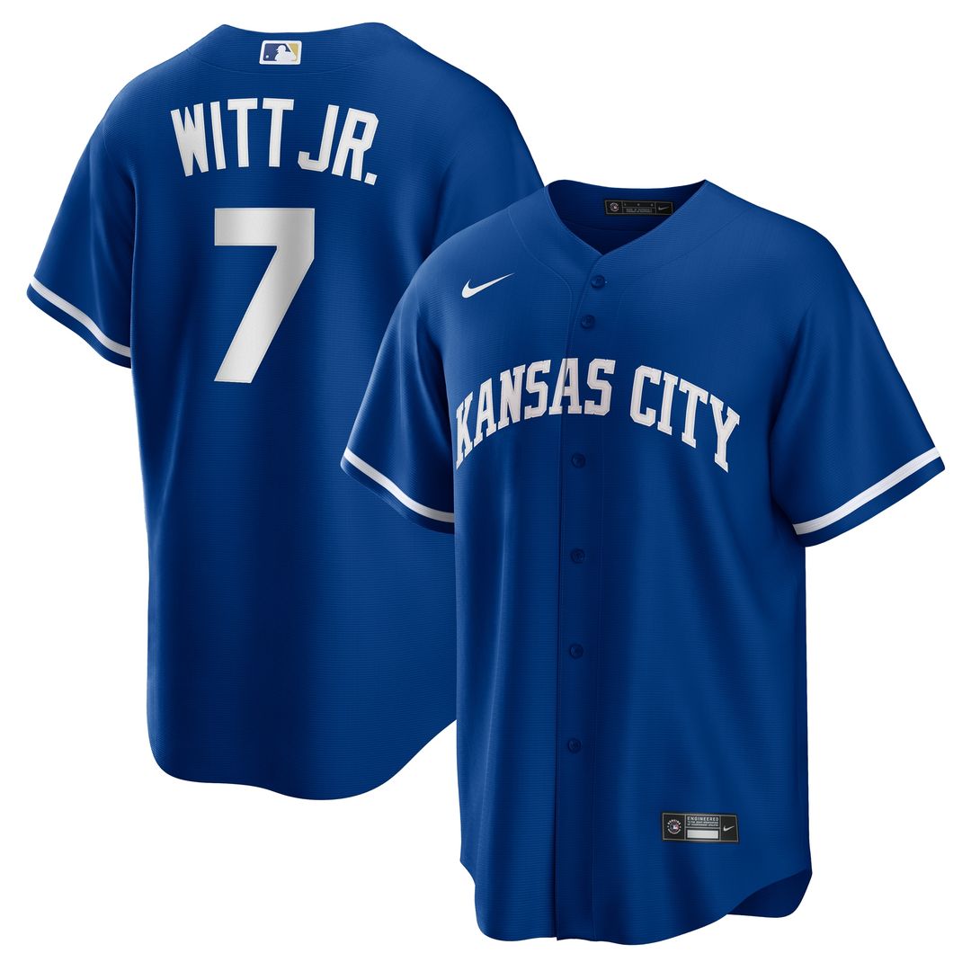 Bobby Witt Jr. Kansas City Royals Nike Alternate 2 Replica Jersey - Rush Blue Official MLB Team Apparel Baseball Fan Gear