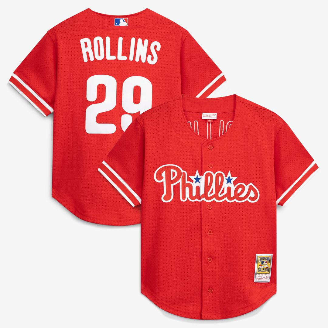 Jimmy Rollins Philadelphia Phillies Mitchell & Ness Cooperstown Mesh Batting Practice Button-Up Jersey - Red Official MLB Team Apparel Baseball Fan Ge