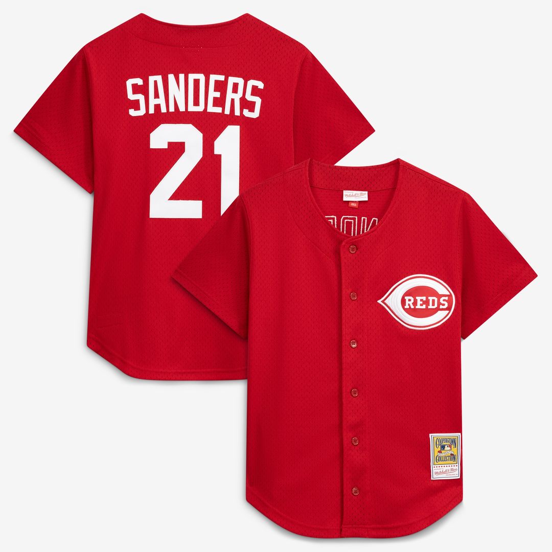 Deion Sanders Cincinnati Reds Mitchell & Ness Cooperstown Mesh Batting Practice Button-Up Jersey - Red Official MLB Team Apparel Baseball Fan Gear