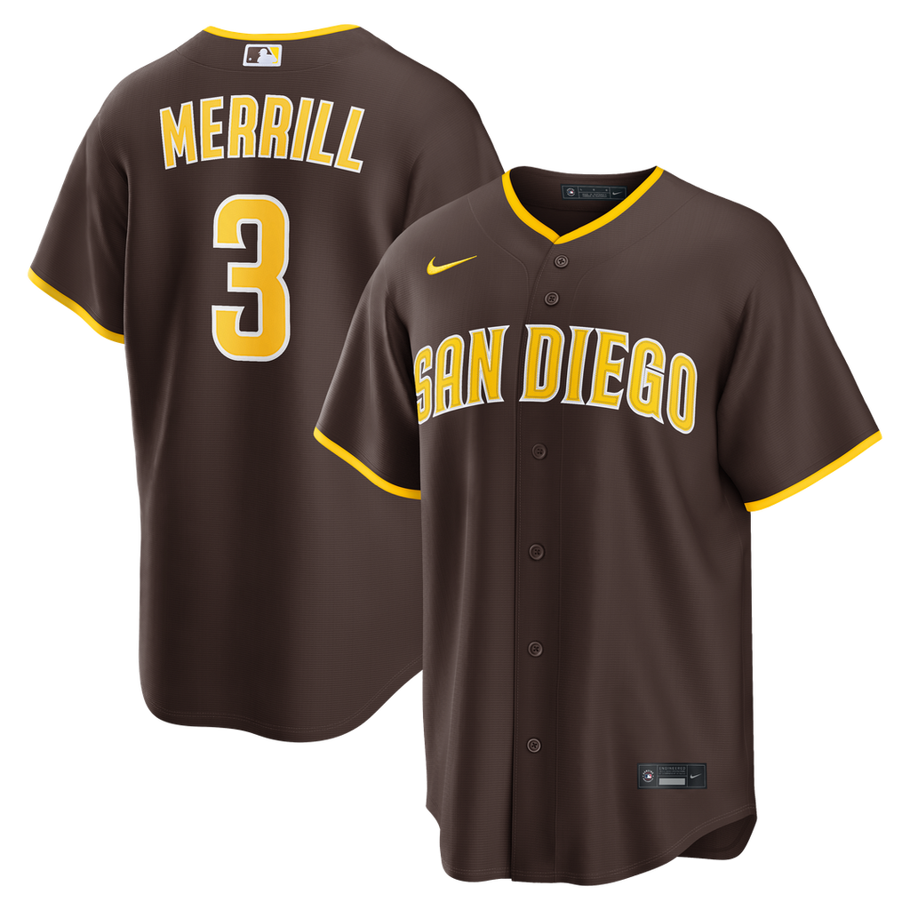 Jackson Merrill San Diego Padres Nike Road Replica Jersey - Brown Official MLB Team Apparel Baseball Fan Gear