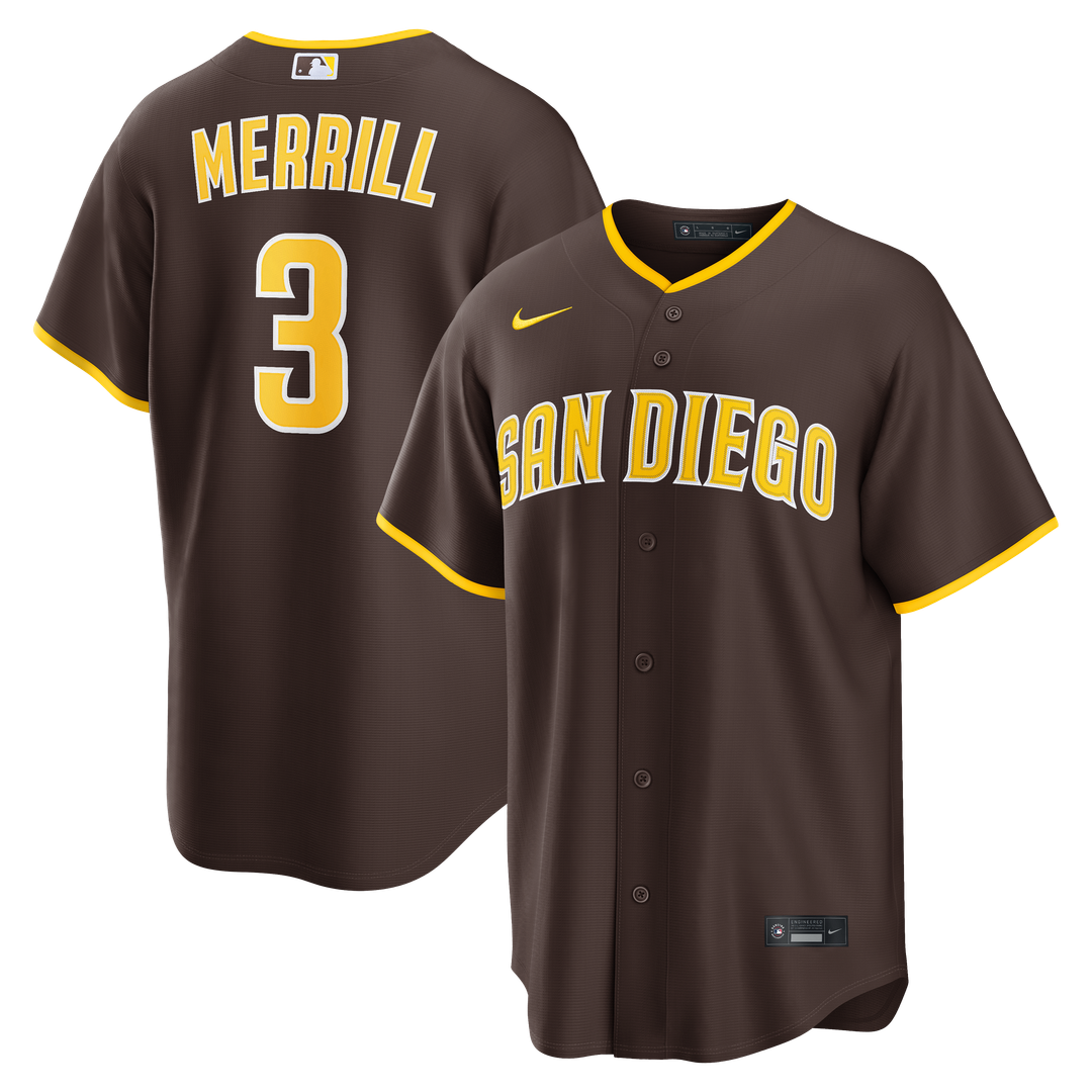 Jackson Merrill San Diego Padres Nike Road Replica Jersey - Brown Official MLB Team Apparel Baseball Fan Gear