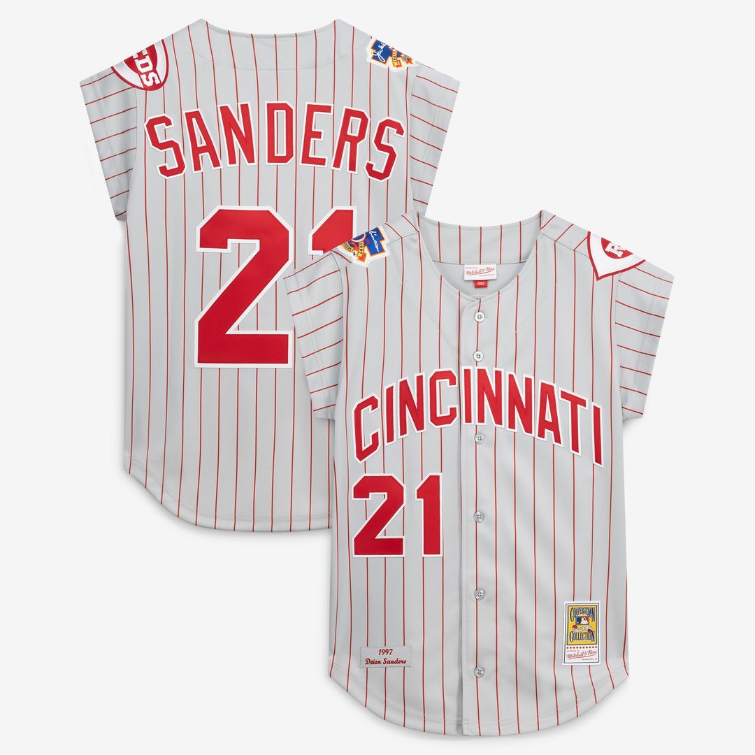 Deion Sanders Cincinnati Reds Mitchell & Ness 1997 Authentic Jersey - Gray Official MLB Team Apparel Baseball Fan Gear