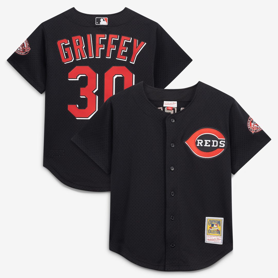 Ken Griffey Jr. Cincinnati Reds Mitchell & Ness Cooperstown Collection Mesh Batting Practice Button-Up Jersey - Black Official MLB Team Apparel Baseba