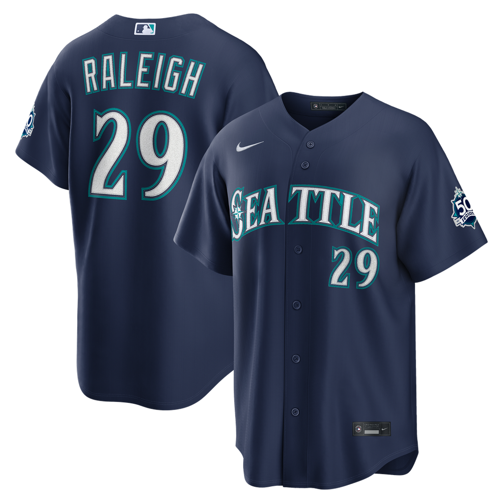Cal Raleigh Seattle Mariners Nike Road Stadium 50th Season Patch Jersey - Navy Official MLB Team Apparel Baseball Fan Gear