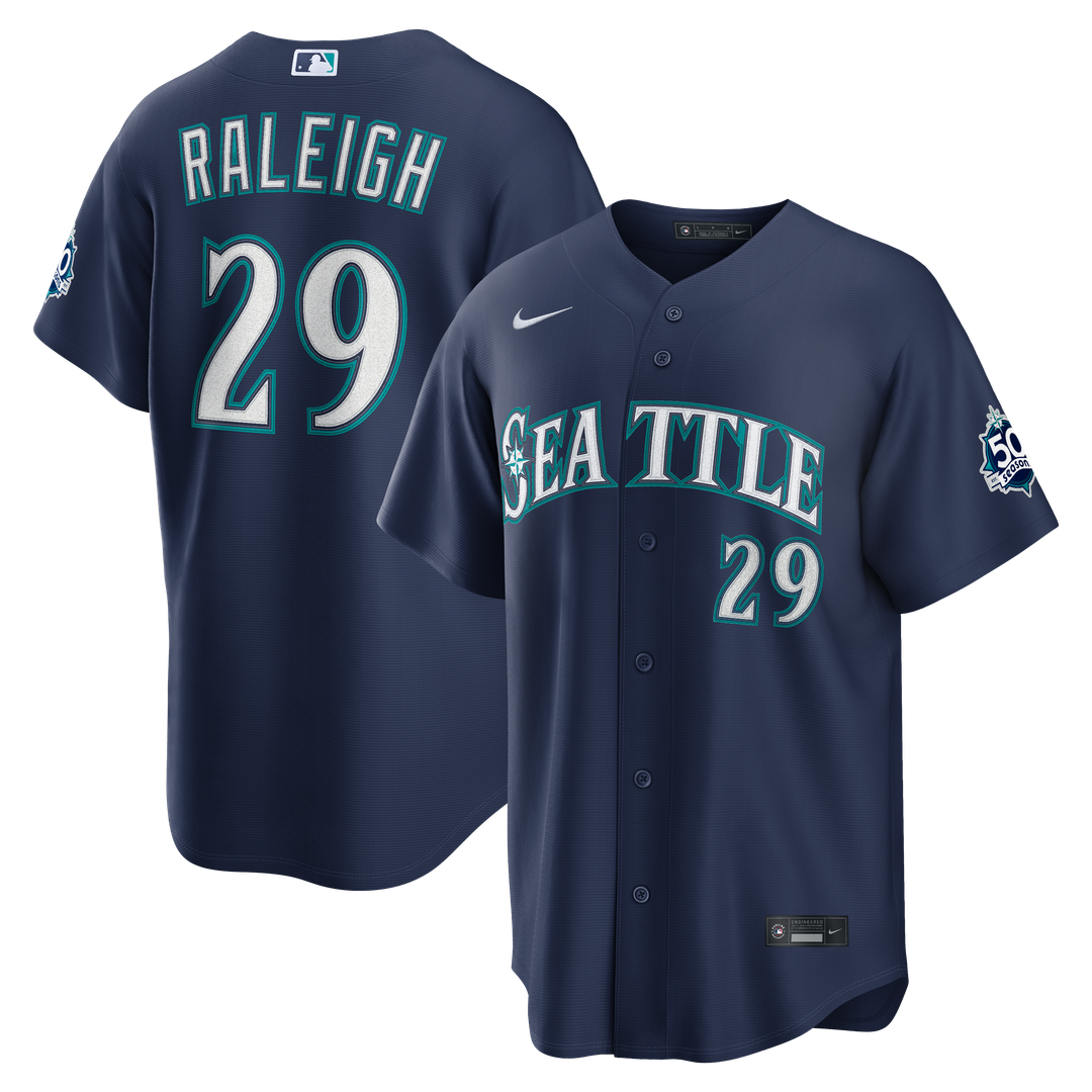 Cal Raleigh Seattle Mariners Nike Road Stadium 50th Season Patch Jersey - Navy Official MLB Team Apparel Baseball Fan Gear