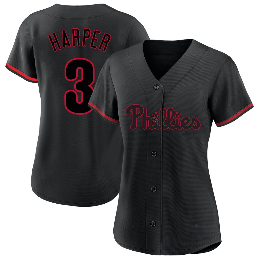 Bryce Harper Philadelphia Phillies Profile Women's Plus Size Player Name & Number Fashion Jersey - Black Official MLB Team Apparel Baseball Fan Gear