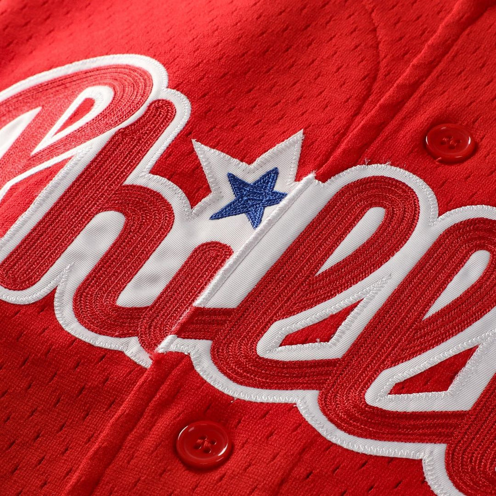 Jimmy Rollins Philadelphia Phillies Mitchell & Ness Cooperstown Mesh Batting Practice Button-Up Jersey - Red Official MLB Team Apparel Baseball Fan Ge