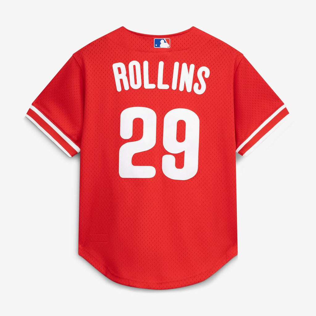 Jimmy Rollins Philadelphia Phillies Mitchell & Ness Cooperstown Mesh Batting Practice Button-Up Jersey - Red Official MLB Team Apparel Baseball Fan Ge