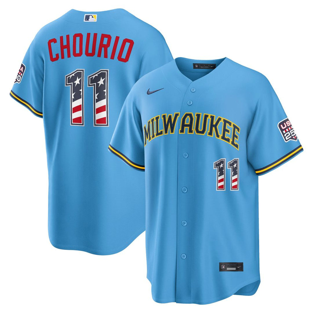 Jackson Chourio Milwaukee Brewers Nike USA 250 Fourth of July Road Stadium Jersey - Light Blue Official MLB Team Apparel Baseball Fan Gear