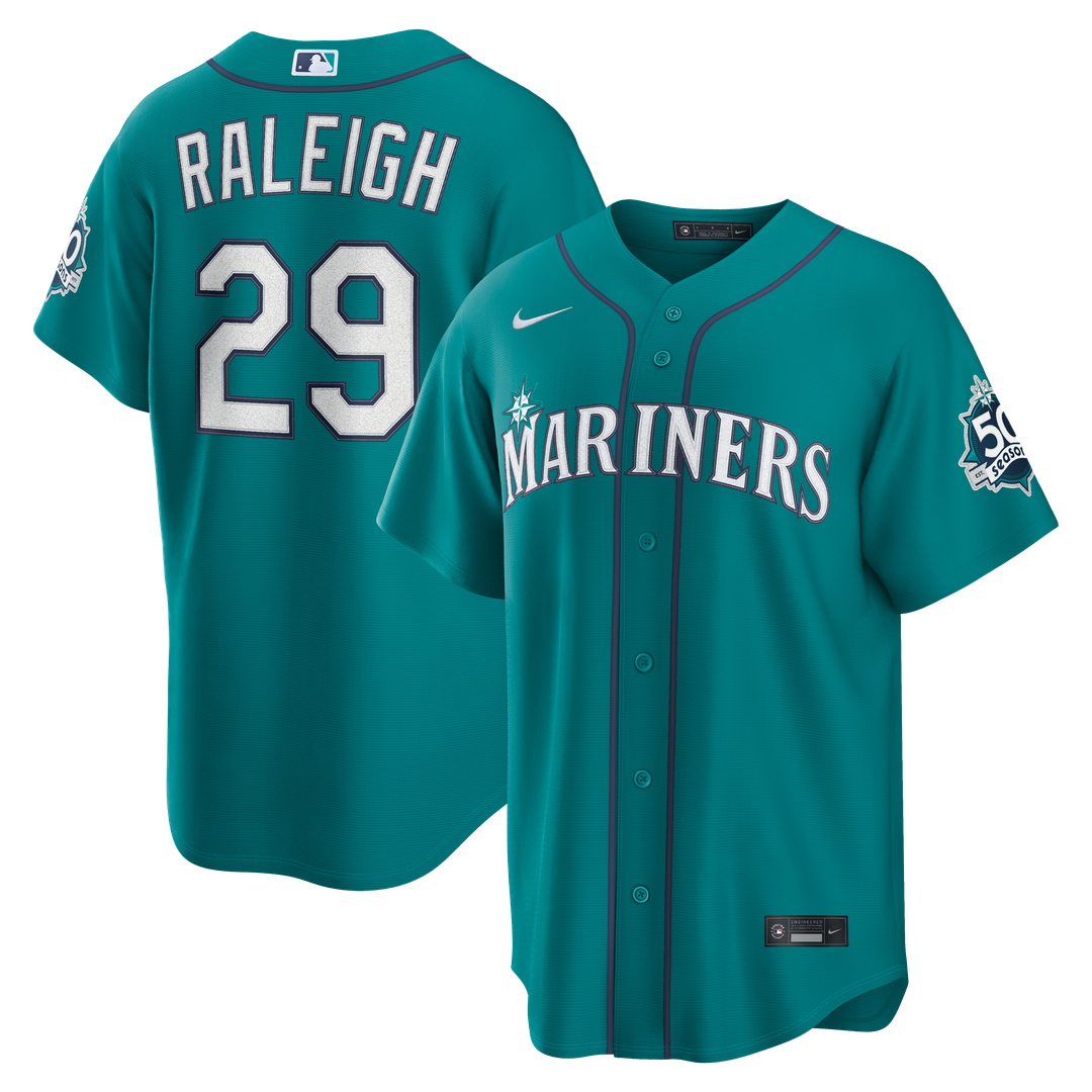 Cal Raleigh Seattle Mariners Nike Alternate 50th Season Patch Stadium Jersey - Teal Official MLB Team Apparel Baseball Fan Gear