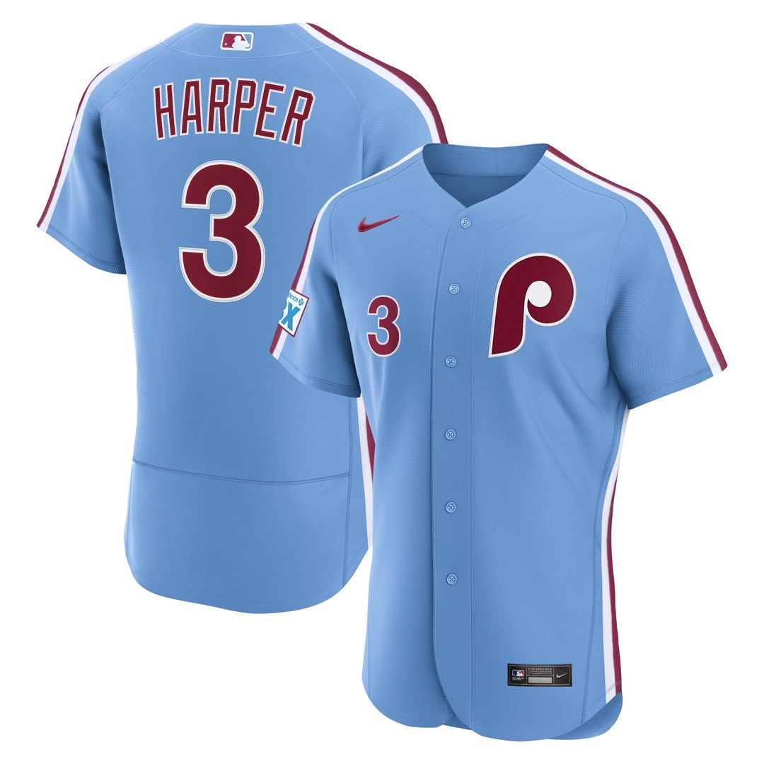 Bryce Harper Philadelphia Phillies Nike Alternate Authentic Sponsor Patch Jersey - Light Blue Official MLB Team Apparel Baseball Fan Gear