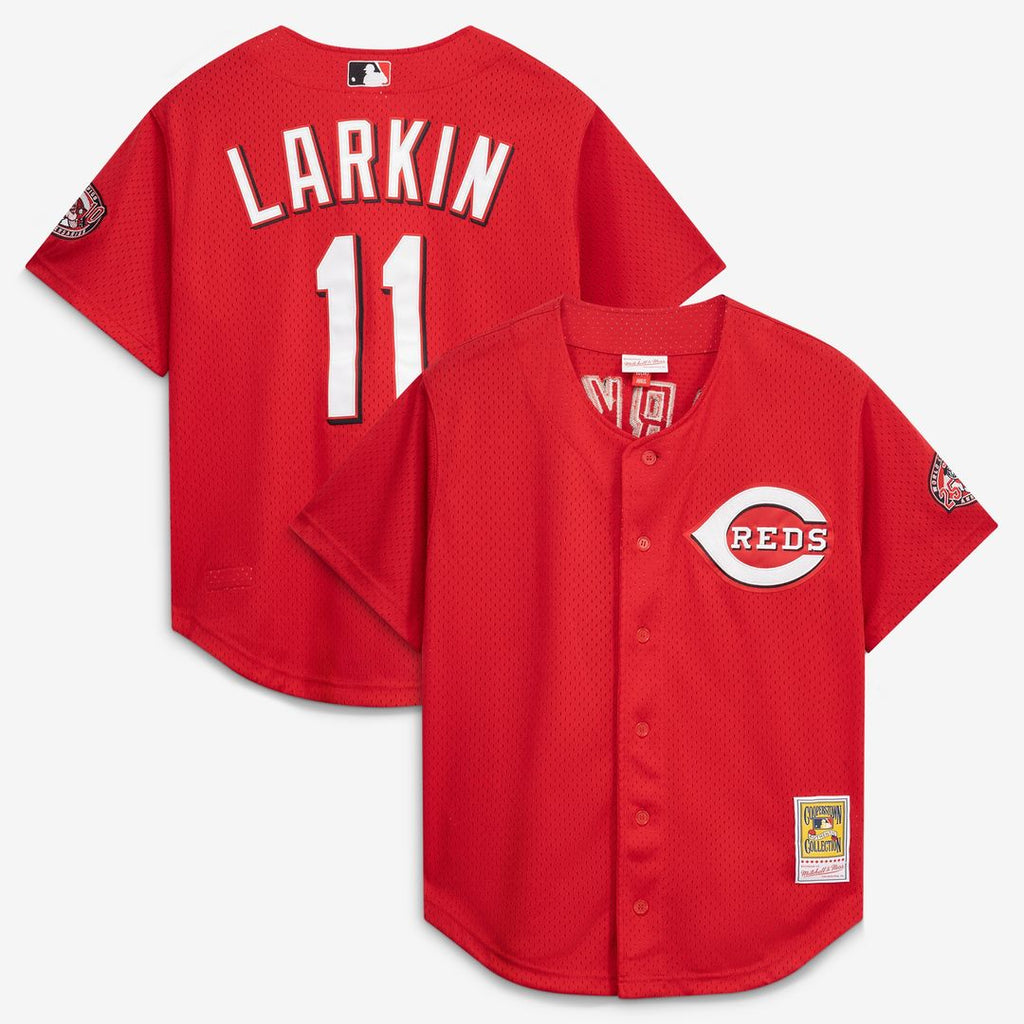 Barry Larkin Cincinnati Reds Mitchell & Ness Throwback Cooperstown Mesh Batting Practice Jersey - Red Official MLB Team Apparel Baseball Fan Gear