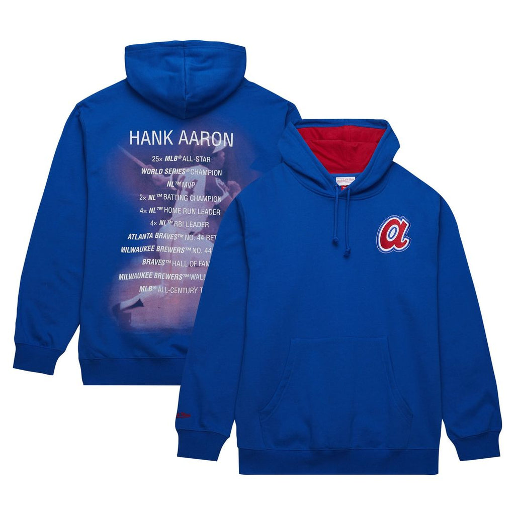 Hank Aaron Atlanta Braves Mitchell & Ness Vintage Logo Name & Number Pullover Hoodie - Royal Official MLB Team Apparel Baseball Fan Gear