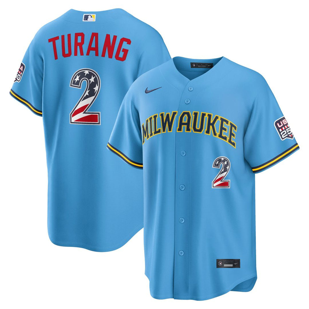 Brice Turang Milwaukee Brewers Nike USA 250 Fourth of July Road Stadium Jersey - Light Blue Official MLB Team Apparel Baseball Fan Gear
