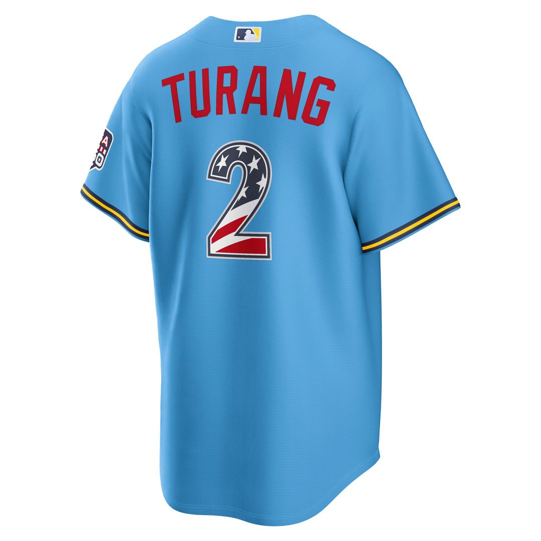 Brice Turang Milwaukee Brewers Nike USA 250 Fourth of July Road Stadium Jersey - Light Blue Official MLB Team Apparel Baseball Fan Gear